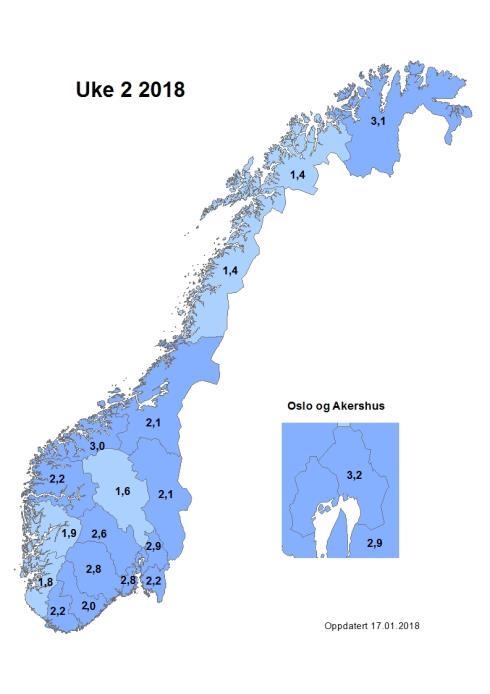 influensalignende sykdom fordelt på fylke de siste fire ukene.