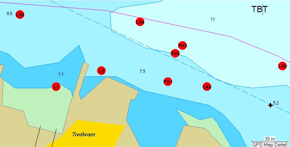 Figur 3 Prøvetakingsstasjoner og klassifisering av sedimenter ved Lofoten Sveiseindustri i Svolvær havn. Røde punkter = høyeste påviste forurensningsnivå for TBT (tilstandsklasse V).