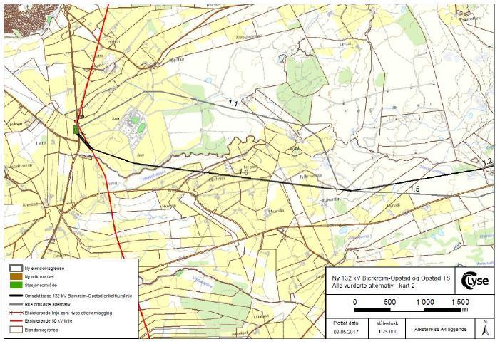 Side 16 Skjeret - Opstad Figur 6: Trasé mellom Skjeret og Opstad For den delen av alt. 1.0 og alt.1.2 som føres langs nordsiden av Bueveien, vil eksisterende vindkraftanlegg på Høg-Jæren etter NVEs syn tone ned virkningene av kraftledningen i landskapet.