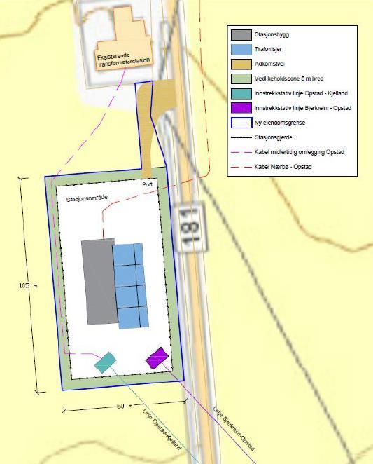 Side 18 adkomst til denne og for å beskytte anleggene mot saltråk og snø, samt for å redusere arealbruk for stasjon og adkomstvei. Figur 8: Situasjonsplan ny Opstad transformatorstasjon.