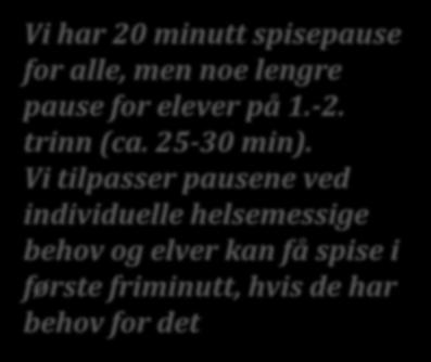 har behov for det Spisepausen er ca. 30 min for dei yngste elevane og ca. 20 min for dei eldste.