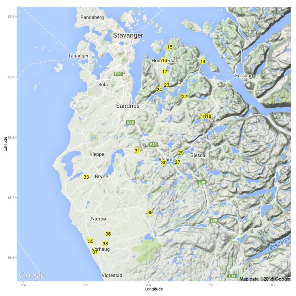 Figur 1. Kartskisse av undersøkelsesområdet med de 19 lokalitetenes plassering inntegnet. Produsert med ggmap (Kahle & Wickham 213) i R (R Core Team 214, version 3.1.1) på Google maps. Tabell 1.