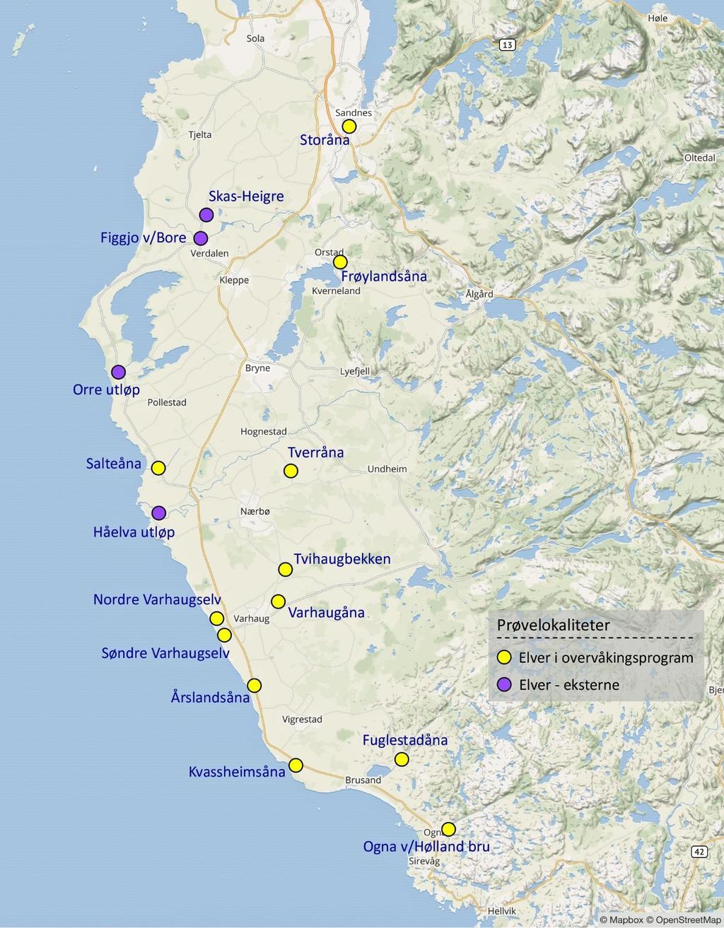 Elver næringsstoffer Overvåkingen av kjemiske forhold i elver i 214 omfattet de 1 lokalitetene som har vært med fra starten av overvåkingsprogrammet (figur 12).