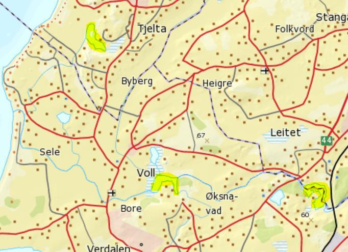 Fig. 2. Kart over undersøkelsesområdet med Harvelandsvatn, Grudavatn og Lonavatnet merket med gult.