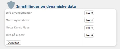 Desse innstillingane finn du på di eiga side under Innstillingar og dynamiske data. Som standard er desse vala sett til «Nei» endre til «Ja» for det du ynskjer å motta og trykk «Oppdater».