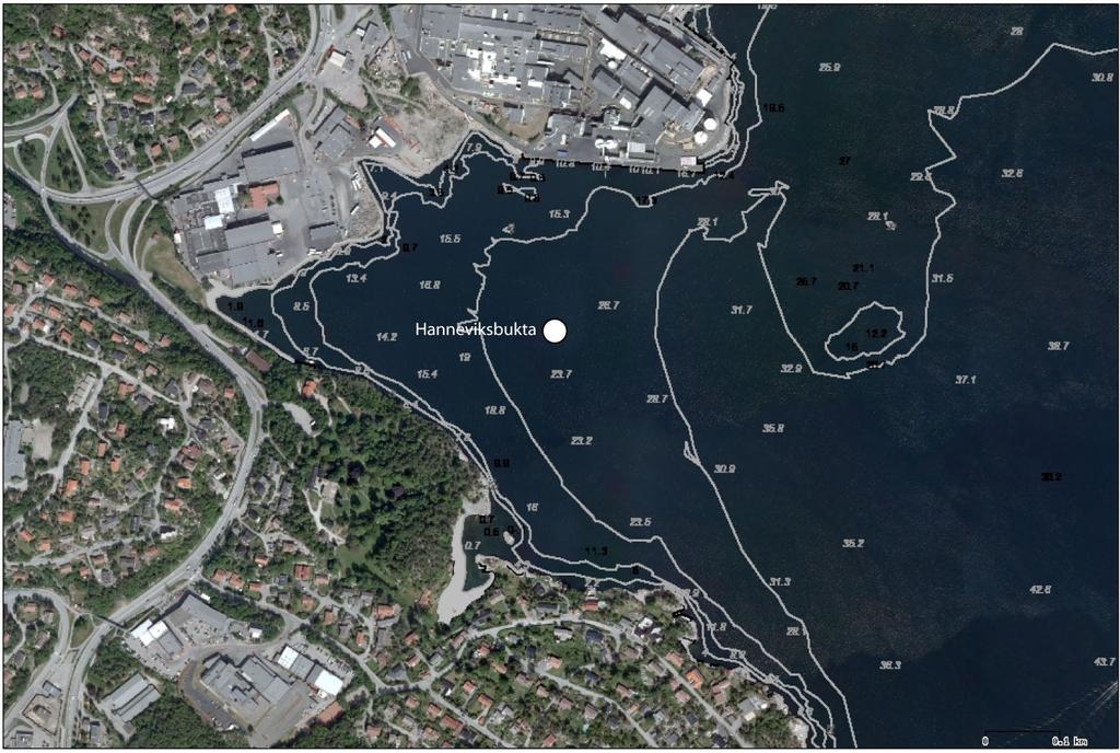 Figur 3. Plassering av sedimentprøvestasjonen i Hanneviksbukta. Klif har utviklet kriterier for klassifisering av miljøkvalitet basert på innhold av miljøgifter i sedimenter (Bakke mfl. 2007).