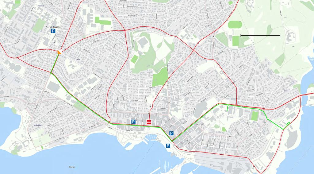 Kart Hamar sentrum, NM sprint 2017 500 m NM-hotellet Vikingskipet vandrerhjem Tillatte ferdselsveger (bil til fots) Gangrute løperhotell og arena