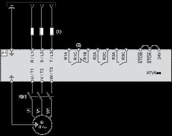 (1) Line choke if used (2) Use relay output R1 set to operating state Fault to switch Off the product once an error