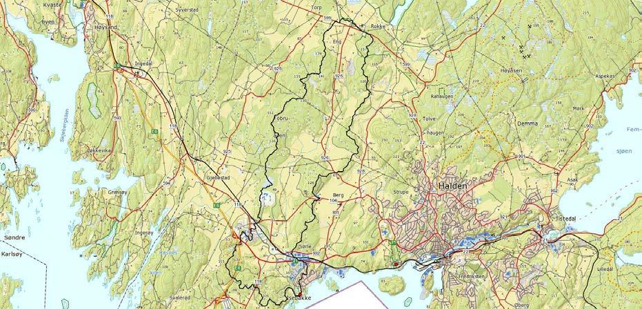 Gjennomsnittlig P-AL er 10 mg/100g og 90 % av jordbruksarealet er i erosjonsrisikoklasse 1 eller 2. Figur 3.8 Nedbørfeltet til Skreppestad. 3.1.8 Unnebergbekken Unnebergbekken ligger i Halden kommune og har utløp i Iddefjorden (figur 3.