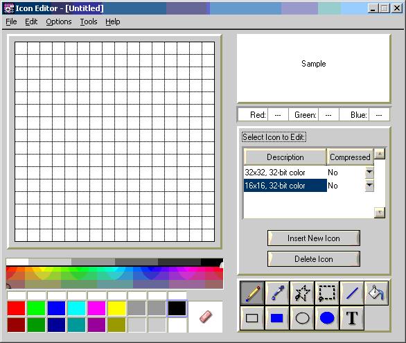 Dataøving 5 SANNTID PI-regulator Side 17 Her kommer en rask oppskrift på å lage et enkelt ikon. 1) Velg 16x16, 32 bit color 2) Klikk i lyseblå fargekvadrat for å velge farge.