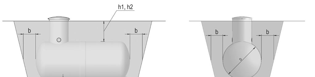 5. Grøft- og tankplassering Størrelse på grøften er avhengig av grunnens sammensetning og egenskaper. Grunnen må være bæredyktig og tåle trykket fra oppfylt tank uten at det oppstår setninger.