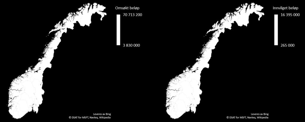 Figur 2.3 Geografisk fordeling av omsøkt og innvilget beløp på fylkesnivå. Kilde: Miljødirektoratet Folkerike fylker som Oslo, Akershus og Rogaland hadde en høy søknadsandel i 2016.