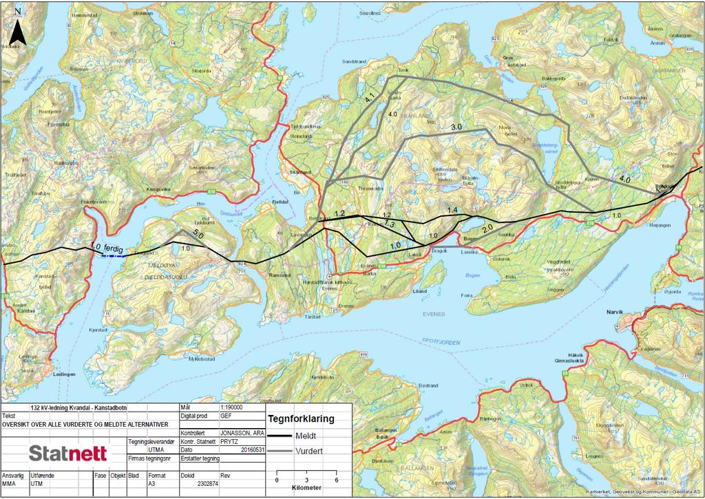 Figur 1: Kart over ulike traseer, hvor de sorte strekene er