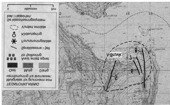 Fig. 3 Utsnitt av kartblad (M711) 1215 IV Samnanger som viser det vurderte området på Bruvik. VIKNO Vikno har et vannbehov på 0.80 l/s.