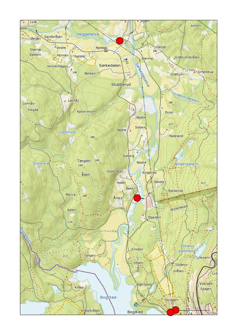 Figur 1. Kart med Bogstadvannet, tilløpselv og prøvetakingspunkter. 2.2 Drikkevannsklor Klorering av drikkevann ved Langlia vannbehandlingsanlegg foregår ved tilsetning av natriumhypokloritt.