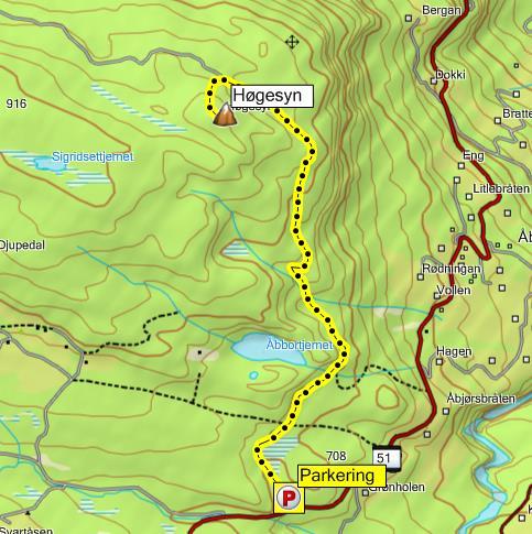 2 Høgesyn v/åbjør 900 moh Lengde: ca. 6 km tur-retur / ca. 2 timer Barnevennlighet: god Fra E16 ta av mot Fv 51 mot Gol.