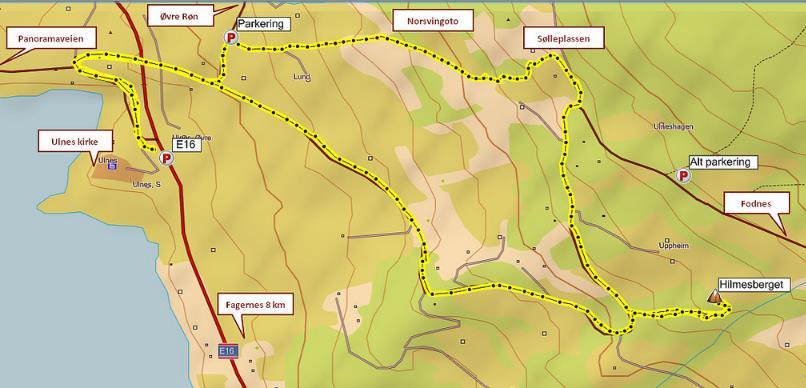 7 Hilmesberget Ulnes Korteste adkomst: Kjør E16 til Ulnes, sving av til venstre mot Vaset ved Ulnes kirke, sving til høyre mot Fodnes, kjør brua over E16, fortsett rett fram mot Fodnes, etter en lang