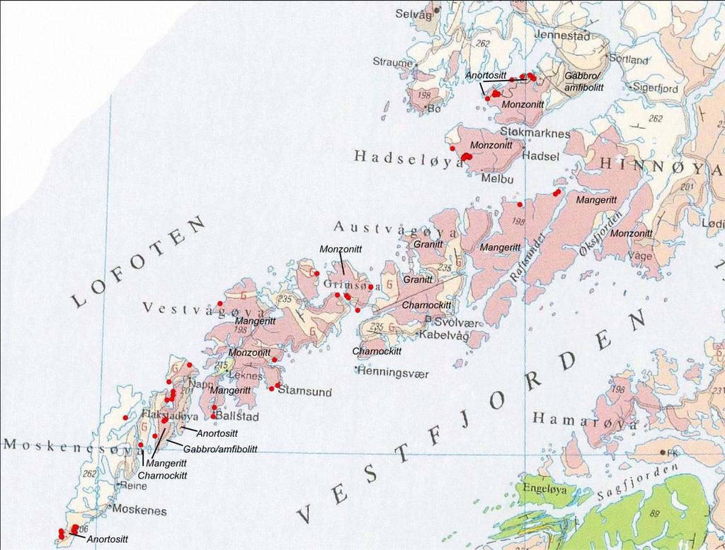 Figur 1: Oversikt over geologien i Lofoten og Vesterålen. De viktigste områdene med mangeritt, charnockitt, monzonitt og anortositt er avmerket (brunlige farger).