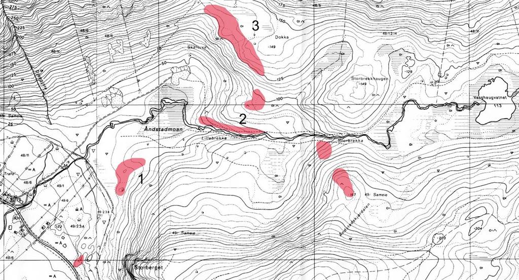 Figur 4: Kart over Ånnstaddalen, Hadseløya. Interessante lokaliteter for mulig uttak er avmerket med rødt. Områdene 1-3 er omtalt i teksten. Rutenettet på kartet er 500x500 meter. 1. Området like ovenfor steingjerdet på sørsiden av dalens munning.