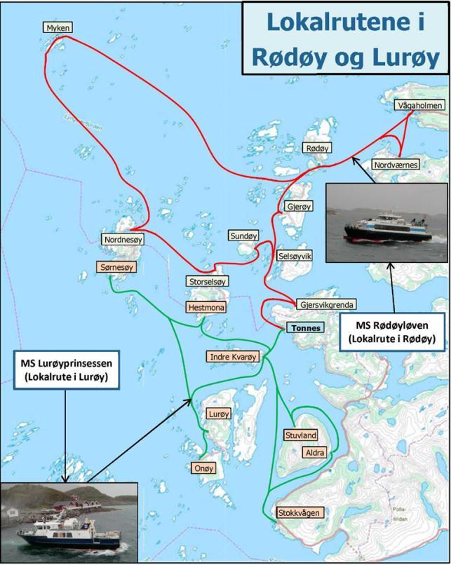 7.5.6 Hurtigbåtruter med anløp i Lurøy Foruten Rødøyløven, som trafikkerer i Rødøy og har anløp av Tonnes, er følgende hurtigbåtruter sentrale i forhold til Lurøy kommune: NEX I Trænaruten