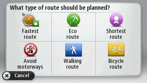Velge en rutetype Hver gang du planlegger en rute, kan du også velge å bli spurt om hva slags type rute du vil planlegge.