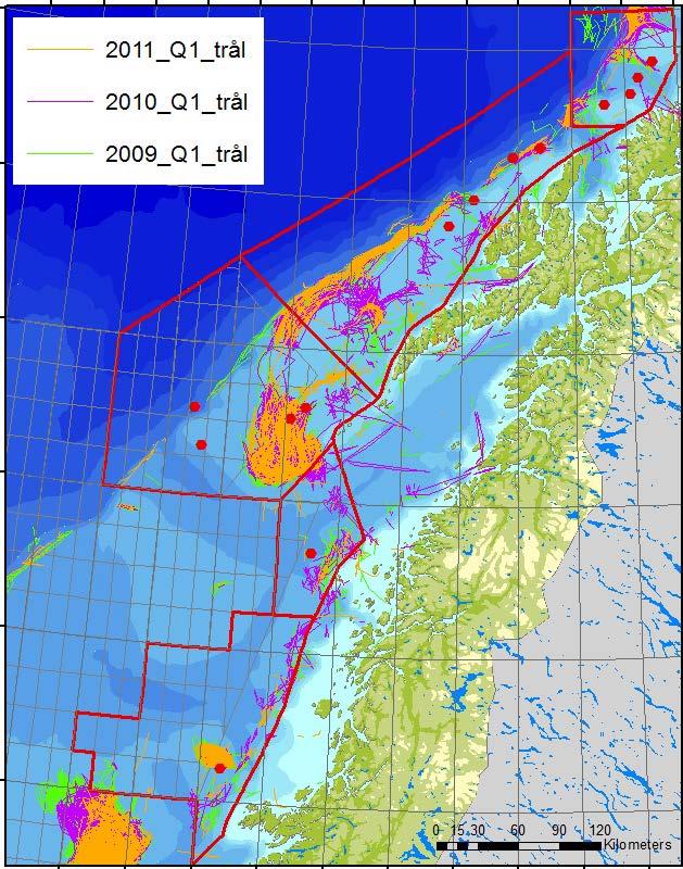 Figur 4 Kvartalsvis fordeling av norsk fiske med bunntrål i det nordøstlige Norskehavet i årene 2009-2011. Øverst: 1. kvartal til venstre og 2. kvartal til høyre. Nederst: 3. kvartal til venstre og 4.