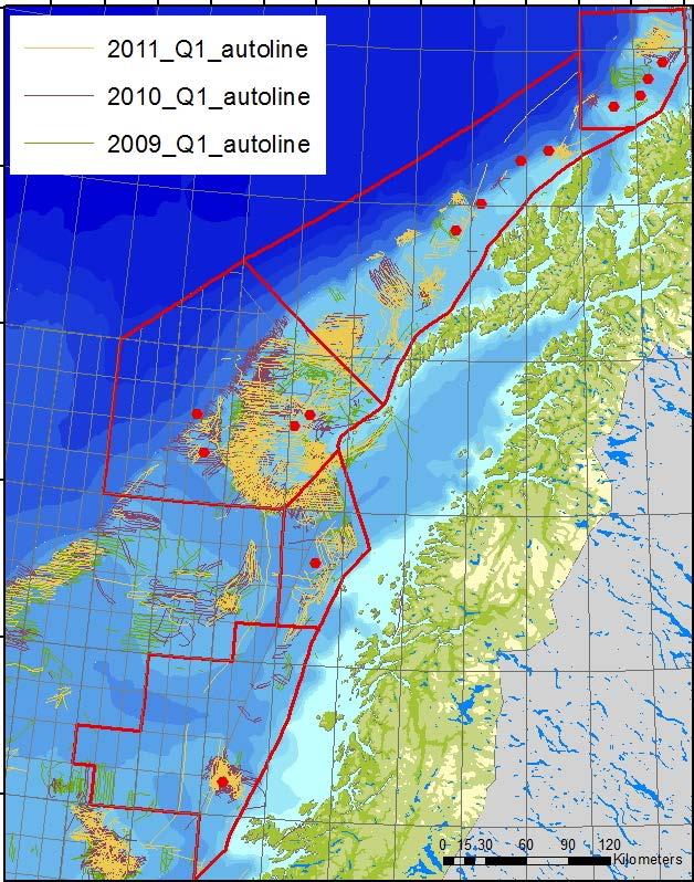 Figur 5 Kvartalsvis fordeling av den norske havfiskeflåtens fiske med konvensjonelle redskaper (i hovedsak autoline og garn) i det nordøstlige Norskehavet i årene 2009-2011. Øverst: 1.