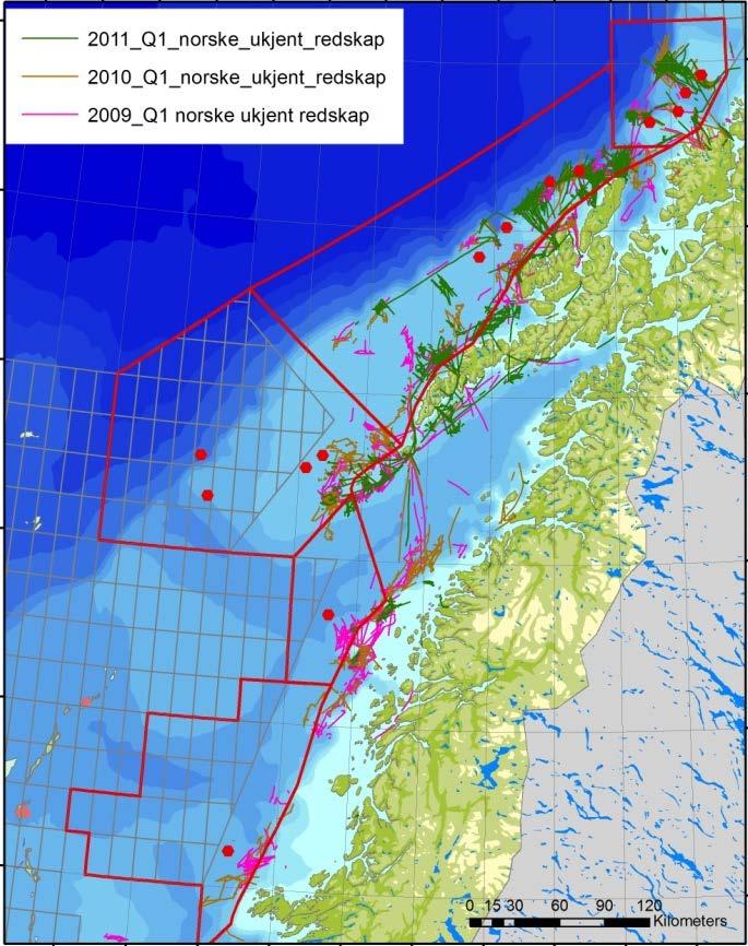 Figur 9 Kvartalsvis fordeling av norsk fiske med uspesifisert redskap i det nordøstlige Norskehavet i årene 2009-2011. Vurdert ut fra driftsmønsteret er dette mest sannsynlig kystfiskefartøyer.