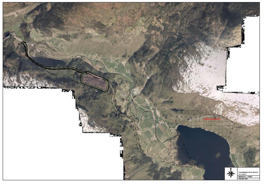 Planområdet, med Joberget naturreservat i sørøst. Dette oversiktskartet ble tilsendt Michaelsen Biometrika AS fra Granvin kommune (v/ Katinka Kilian).