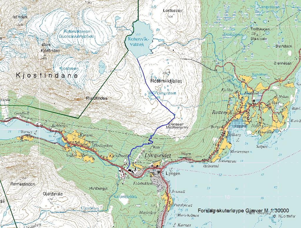 Eventuell løype vil bli ca 5 km lang og er foreslått som under her: 12 Eventuell opprettelse av scooterløype har vært ute til høring etter vedtak i driftsutvalget 07.03.