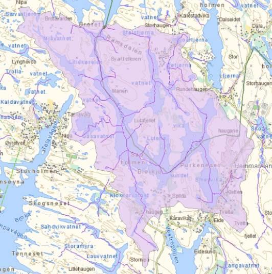 Figur 1. Nedbørfelt til Kørelen i Sund og Fjell kommune.