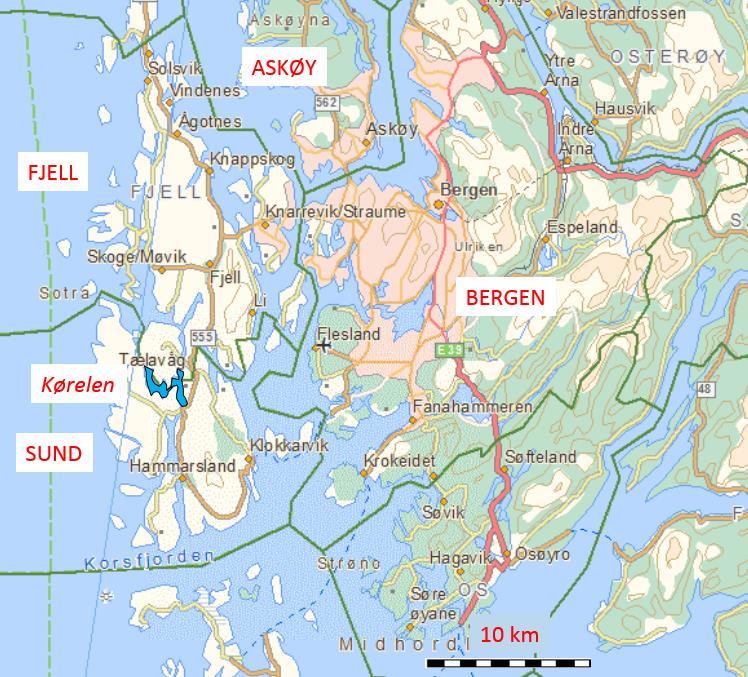 1.5 Geografisk plassering av tiltaket Kørelen ligg på grensa mellom Fjell kommune i nord og Sund kommune i sør, på Sotra, vest for Bergen (figur 1).