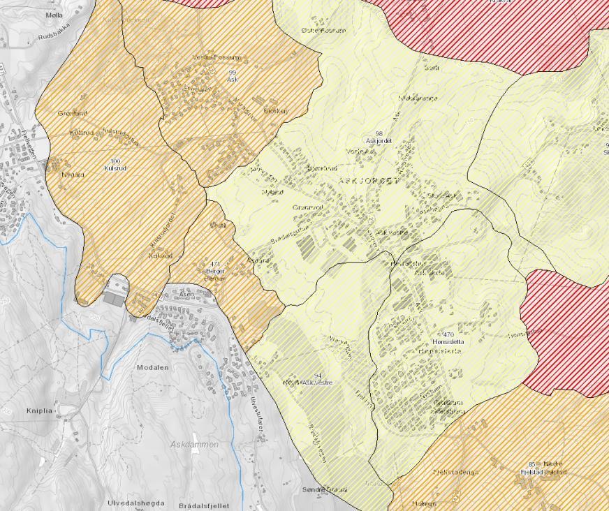 no) Planområdet ligger innenfor kvikkleiresonene 94 Ask Vestre og 98 Askjordet, som er registret med faregrad Lav.