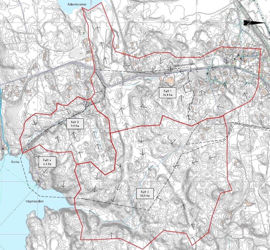 Figur 5 Svart stiplet strek er planområdet, røde