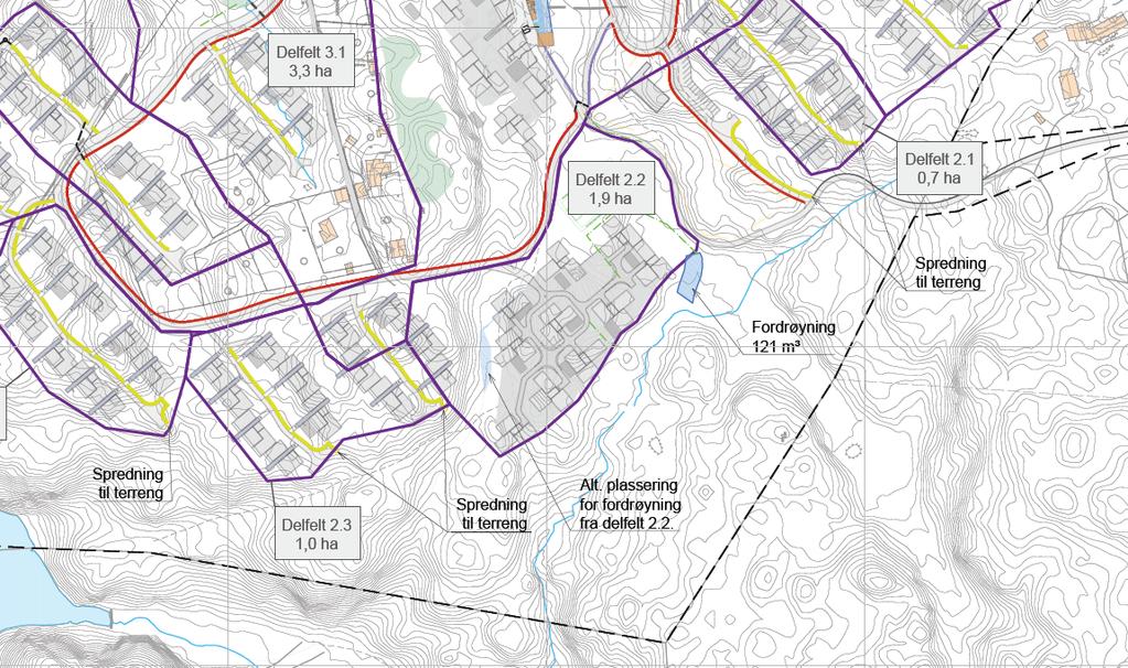 4.3.2 Nedbørsfelt 2 Nedbørsfelt 2 (se tegning VA002) er på 33,5 ha, hvorav planområdet utgjør 11,2 ha av nedbørsfeltet og bebygde område av planområdet utgjør ca. 3,6 ha.