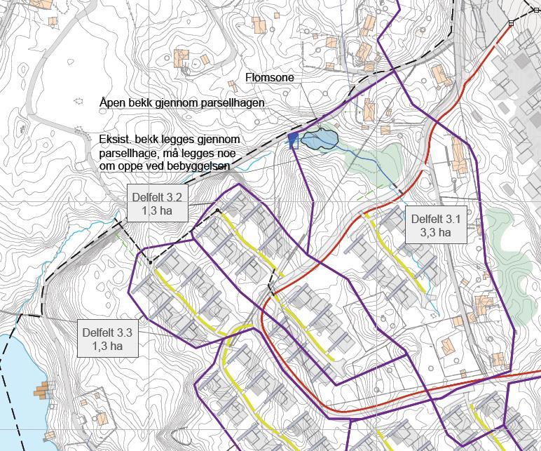 4.3.3 Nedbørsfelt 3 Nedbørsfelt 3 (se tegningsvedlegg VA003) er på 9,8 ha, hvorav planområdet utgjør ca. 6,7 ha. Nedbørsfeltet har avrenning direkte til sjø uten å passere eksisterende bebyggelse.