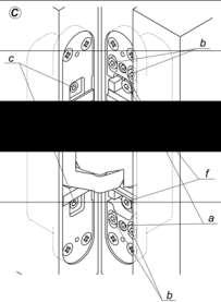 Justering av dørbladets dybde i karmen: Figur C. Fjern dekslene e, løsne litt på hengslenes festeskruer b og reguler skruene f. Skru til skruene b på nytt og sett på plass igjen dekslene e. 12.