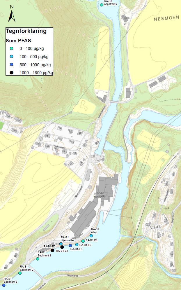 Kildesporing av PFAS til Tyrifjorden M-863 Figur 5. Punkter for prøvetaking av sedimenter ved fabrikkområdet på Viul.