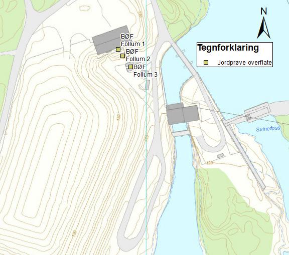 Kildesporing av PFAS til Tyrifjorden M-863 Figur 9. Plassering av prøvepunkt for jord på det tidligere brannøvingsfeltet (BØF) til Norske Skog Follum. Kart: Statens kartverk. Tabell 7.