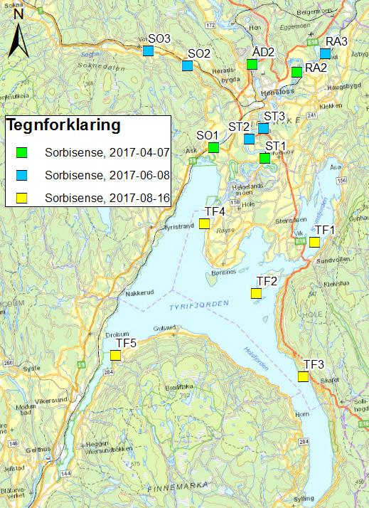 Kildesporing av PFAS til Tyrifjorden M-863 Figur 28. Kart over plassering av sorbisense passive prøvetakere i prosjektet. Dato refererer til når prøvetakeren ble satt ut.