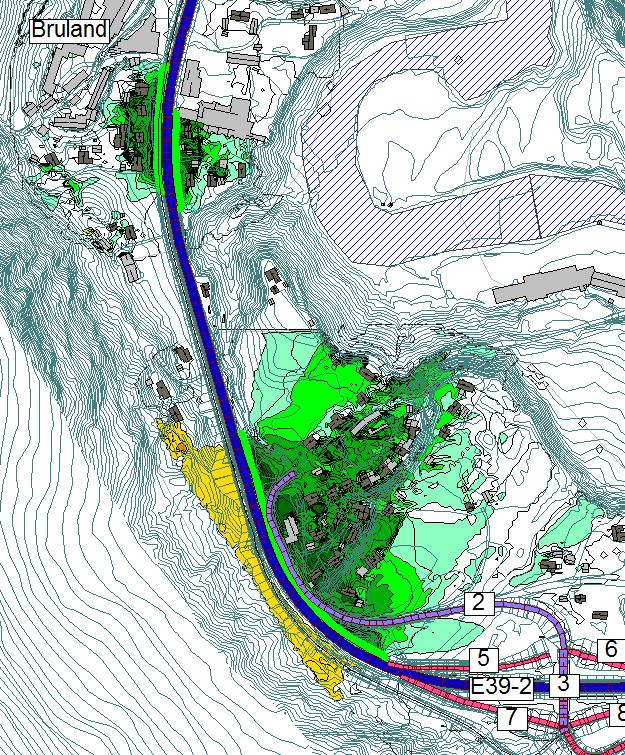 5.6.4 Differansestøysonekart (X106 X107) Det er etablert 3 støyskjermar ved Bruland i terrengmodellen med høgde 3.5 m og samla lengde på 567 m.