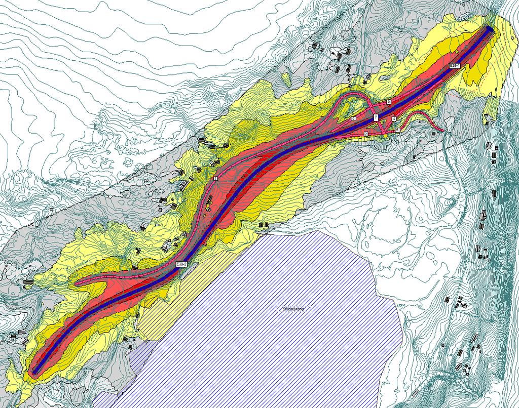 illustrasjon X102. Figur 6: Myra - planteikning X102. 5.3.1 Kostnadar Utrekningane viser at det er 15 eigedomar som får utandørs vegtrafikkstøynivå over grenseverdien på L den 55 dba.