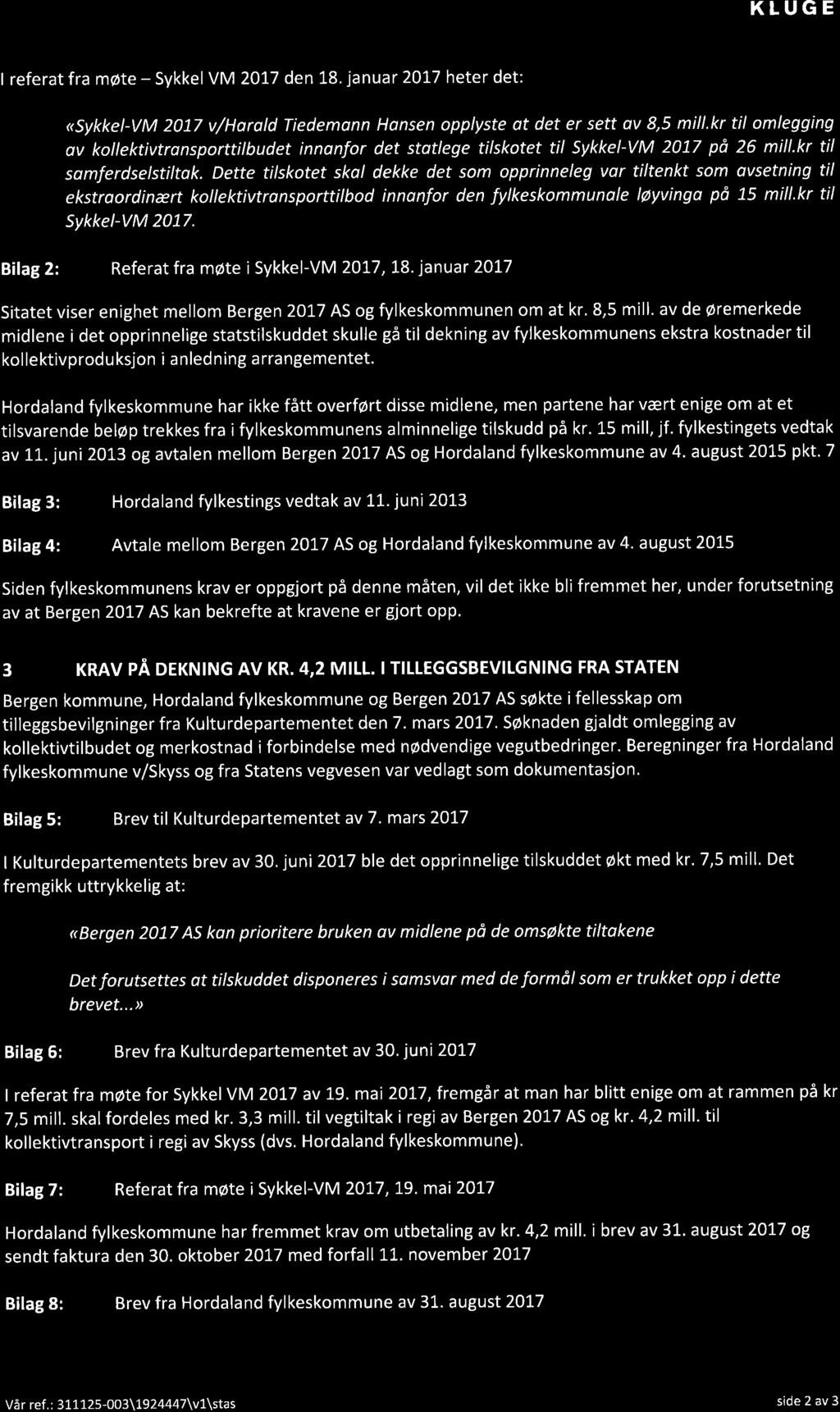 KLUGE I referat fra møte - Sykkel VM 2017 den 18. januar 2017 heter det: <sykkel-vm 2017 v/horatd Tiedemonn Hansen opplyste ot det er sett øv 8,5 mill.