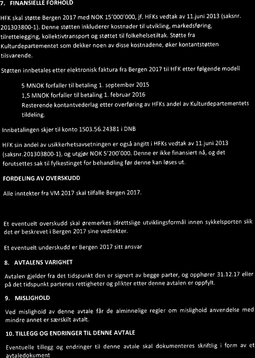 7. FINANSIELLE FORFIOLD HFK skat støtte Bergen 20L7 med NOK 15'000'000, jf. HFKs vedtak av 1"1.juni 201'3 isaksnr. 201303800-1).