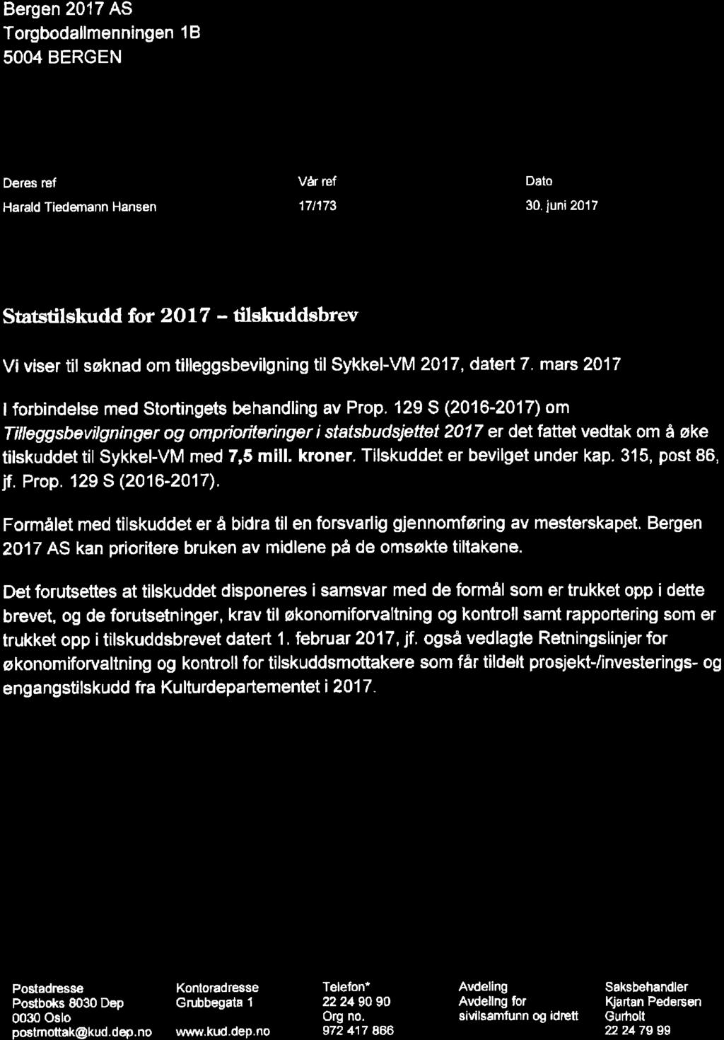 rjil 6 DET KONGELIGE KULTURDE PARTEMENT --'*'ff* Bergen 2017 AS Torgbodallmenningen 1 B 5OO4 BERGEN Deres ref Harald Tiedemann Hansen Vår ref 171173 Dato 30.