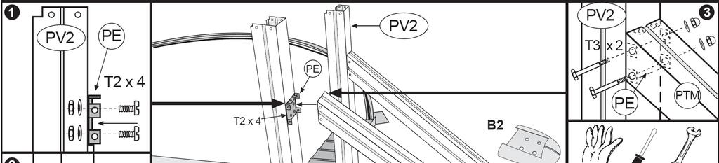 MONTERING AV SIDESTØTTENE PÅ LANGSIDENE: 1000 x 550 cm= 8 x(pv2 & PTM).915 x 470 cm = 8 x(pv2 & PTM). 825 x 470 cm = 6 x(pv2 & PTM). 730 x 375 cm = 6 x(pv2 & PTM). 610 x 375 cm = 4 x (PV2 & PTM).