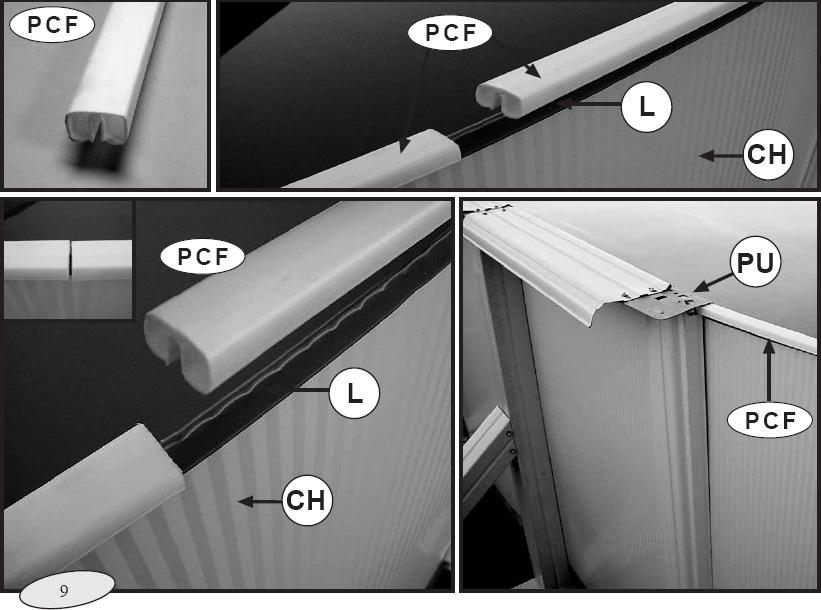 FLEKSIBLE TOPP LISTER (PCF) FOR OVALE SVØMMEBASSENG. Disse skal settes på toppen av veggene etter at basseng duken er brettet over og festet.