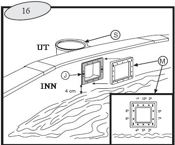 MONTERING AV SKIMMER TIL BASSENGETS UTSIDE: Fyll vann i bassenget opp til 4 cm under åpningen til skimmeren. Med en tapetkniv skjærer du ut åpningen for skimmeren i duken (L).