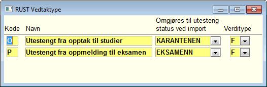 2.7 Kodebildet RUST Vedtaktype RUST Vedtaktype Kodebildet inneholder kodene for type utestenginger slik de er representert i Rust, og hvilke koder de oversettes til i FS ved import. 92.2.8 Varsler