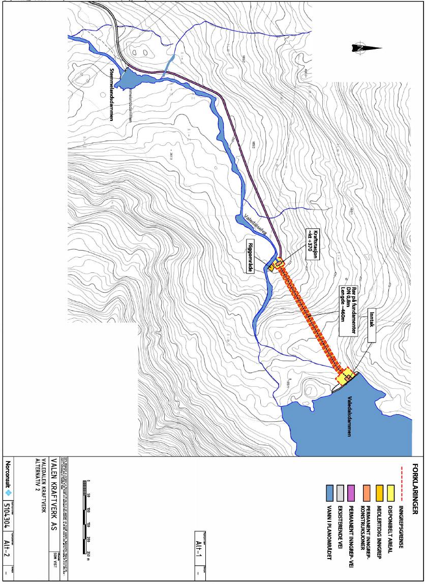Figur 1 Detlajkart for Valedalen kraftverk for konsesjonsgitt alternativ.